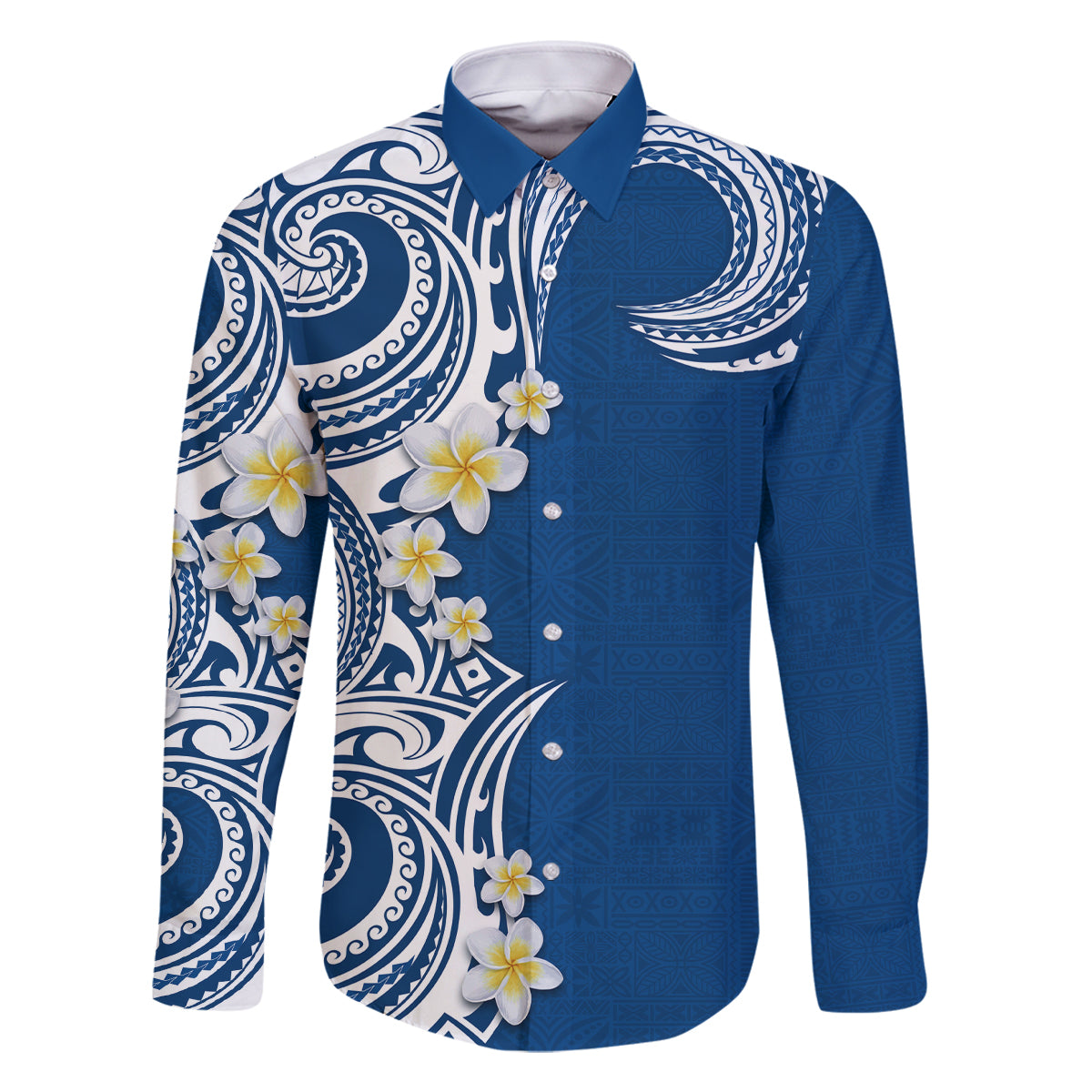 Aloha Polynesian Plumeria Flower Family Matching Mermaid Dress and Hawaiian Shirt Blue Color LT03 Dad's Shirt - Long Sleeve Blue - Polynesian Pride
