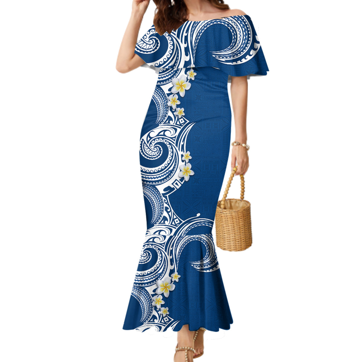 Aloha Polynesian Plumeria Flower Family Matching Mermaid Dress and Hawaiian Shirt Blue Color LT03 Mom's Dress Blue - Polynesian Pride