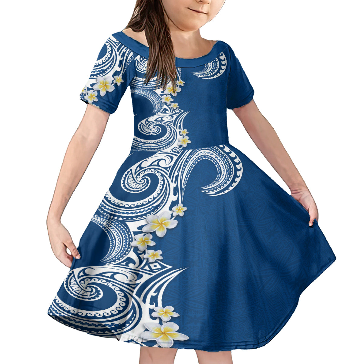 Aloha Polynesian Plumeria Flower Family Matching Puletasi and Hawaiian Shirt Blue Color LT03 Daughter's Dress Blue - Polynesian Pride