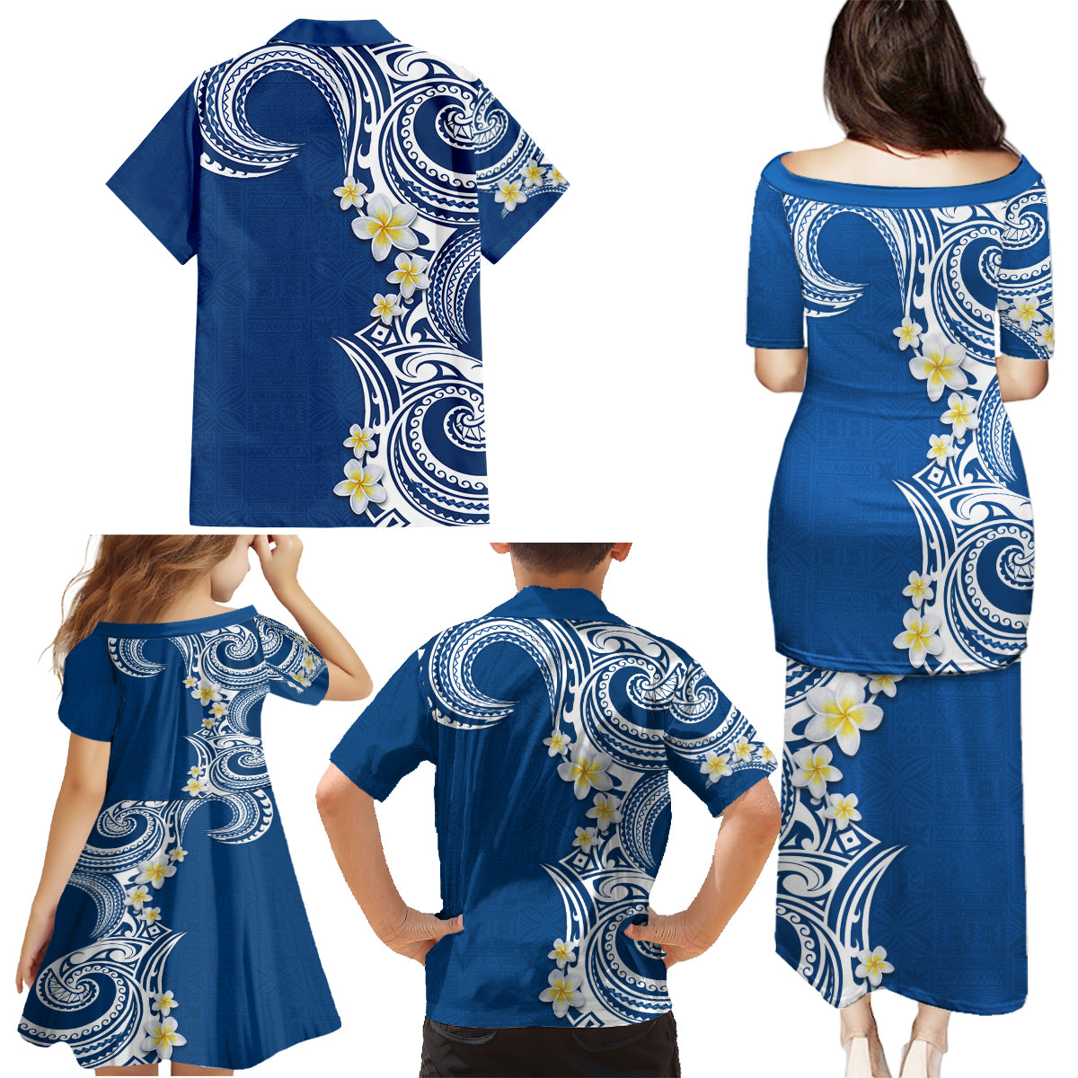 Aloha Polynesian Plumeria Flower Family Matching Puletasi and Hawaiian Shirt Blue Color LT03 - Polynesian Pride