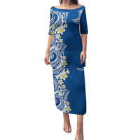Aloha Polynesian Plumeria Flower Family Matching Puletasi and Hawaiian Shirt Blue Color LT03 Mom's Dress Blue - Polynesian Pride