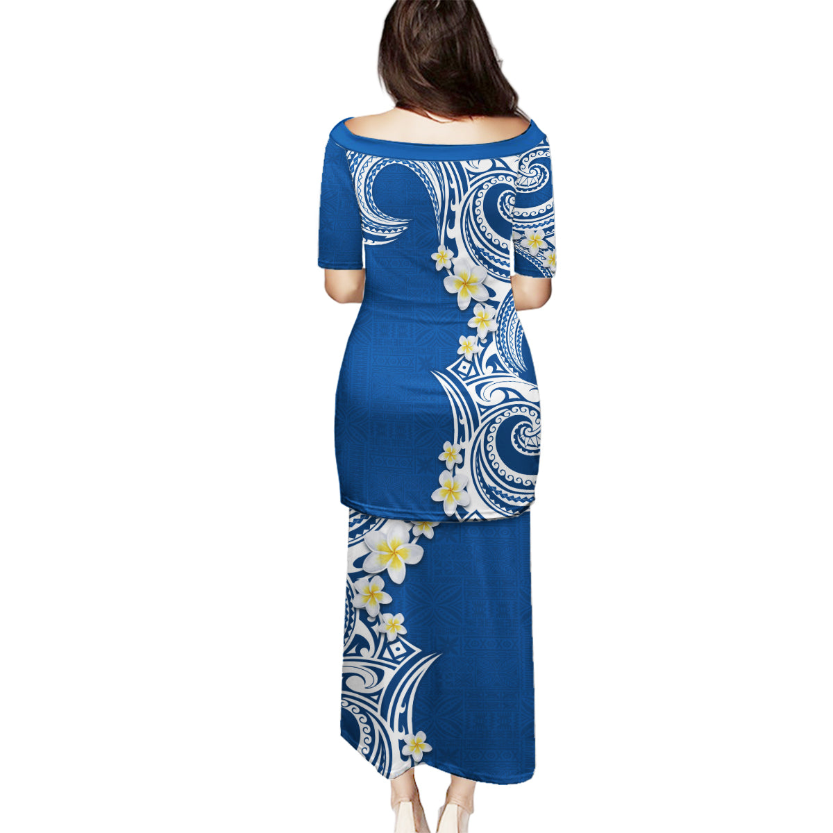 Aloha Polynesian Plumeria Flower Family Matching Puletasi and Hawaiian Shirt Blue Color LT03 - Polynesian Pride
