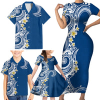 Aloha Polynesian Plumeria Flower Family Matching Short Sleeve Bodycon Dress and Hawaiian Shirt Blue Color LT03 - Polynesian Pride