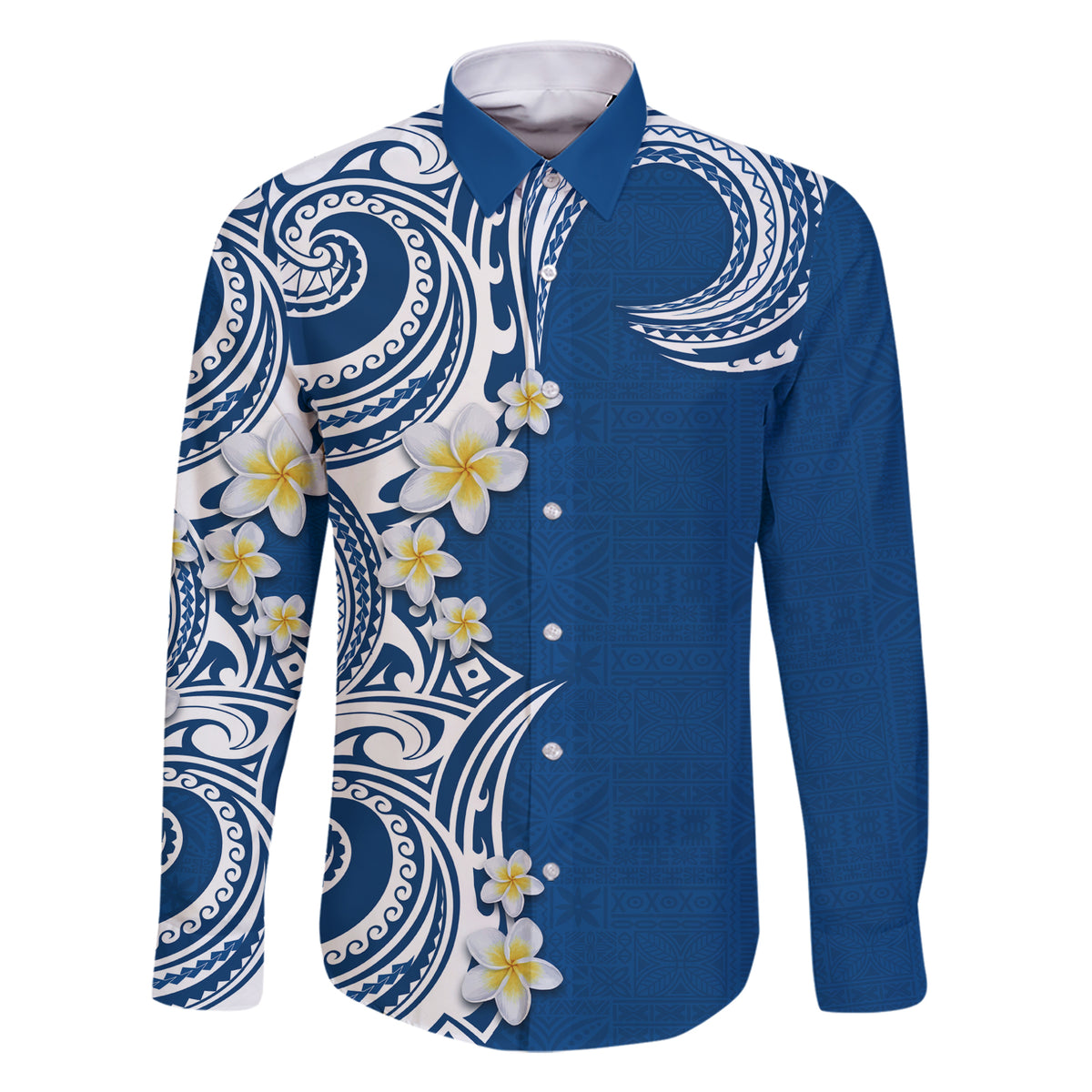 Aloha Polynesian Plumeria Flower Family Matching Short Sleeve Bodycon Dress and Hawaiian Shirt Blue Color LT03 Dad's Shirt - Long Sleeve Blue - Polynesian Pride