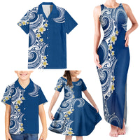 Aloha Polynesian Plumeria Flower Family Matching Tank Maxi Dress and Hawaiian Shirt Blue Color
