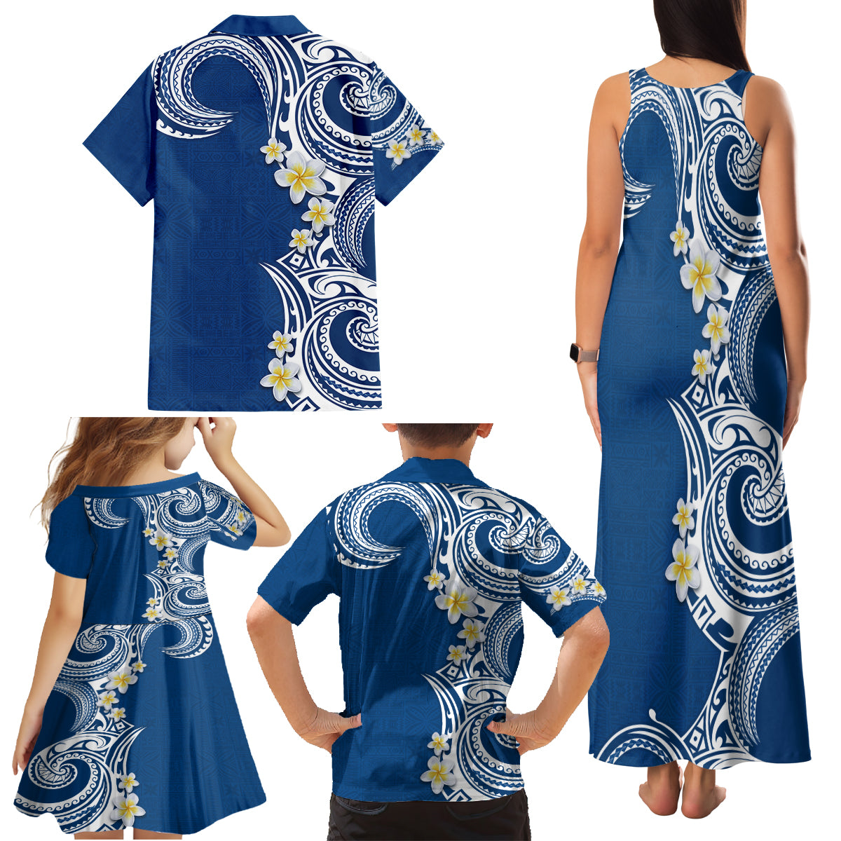 Aloha Polynesian Plumeria Flower Family Matching Tank Maxi Dress and Hawaiian Shirt Blue Color