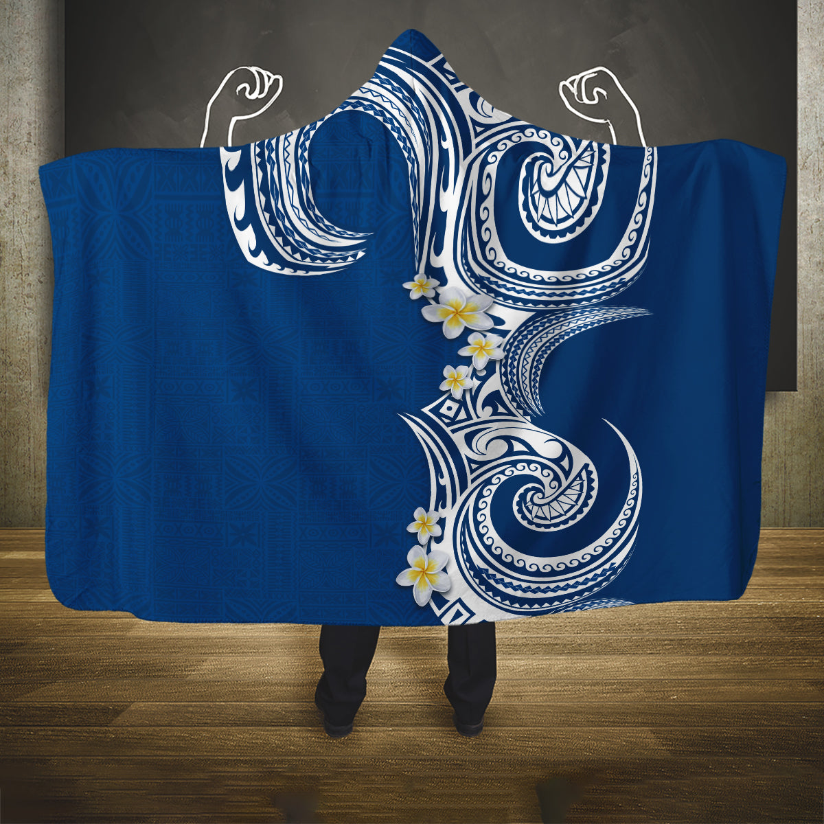 Aloha Polynesian Plumeria Flower Hooded Blanket Blue Color