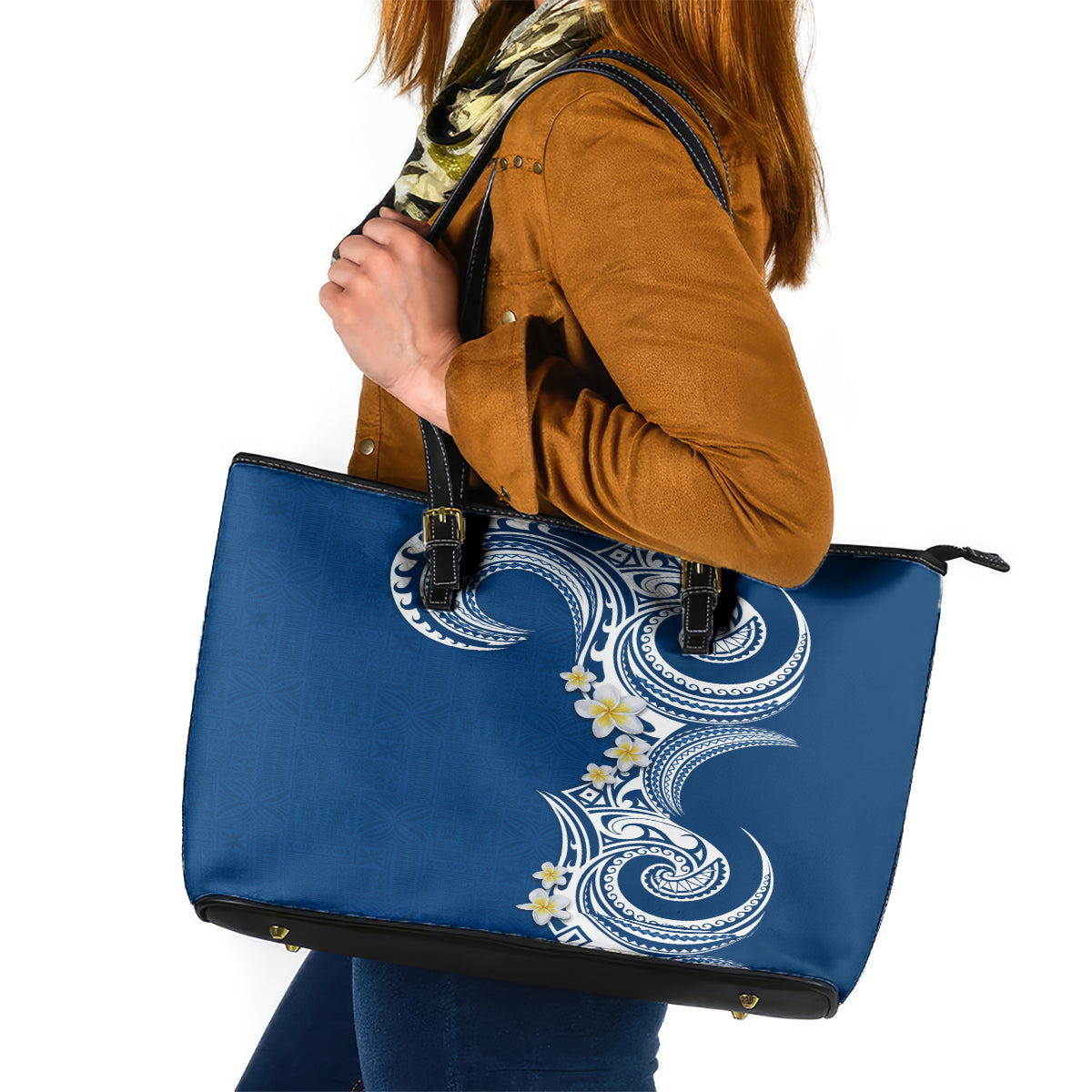 Aloha Polynesian Plumeria Flower Leather Tote Bag Blue Color