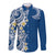 Aloha Polynesian Plumeria Flower Long Sleeve Button Shirt Blue Color