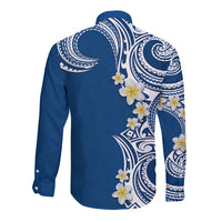 Aloha Polynesian Plumeria Flower Long Sleeve Button Shirt Blue Color