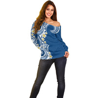 Aloha Polynesian Plumeria Flower Off Shoulder Sweater Blue Color
