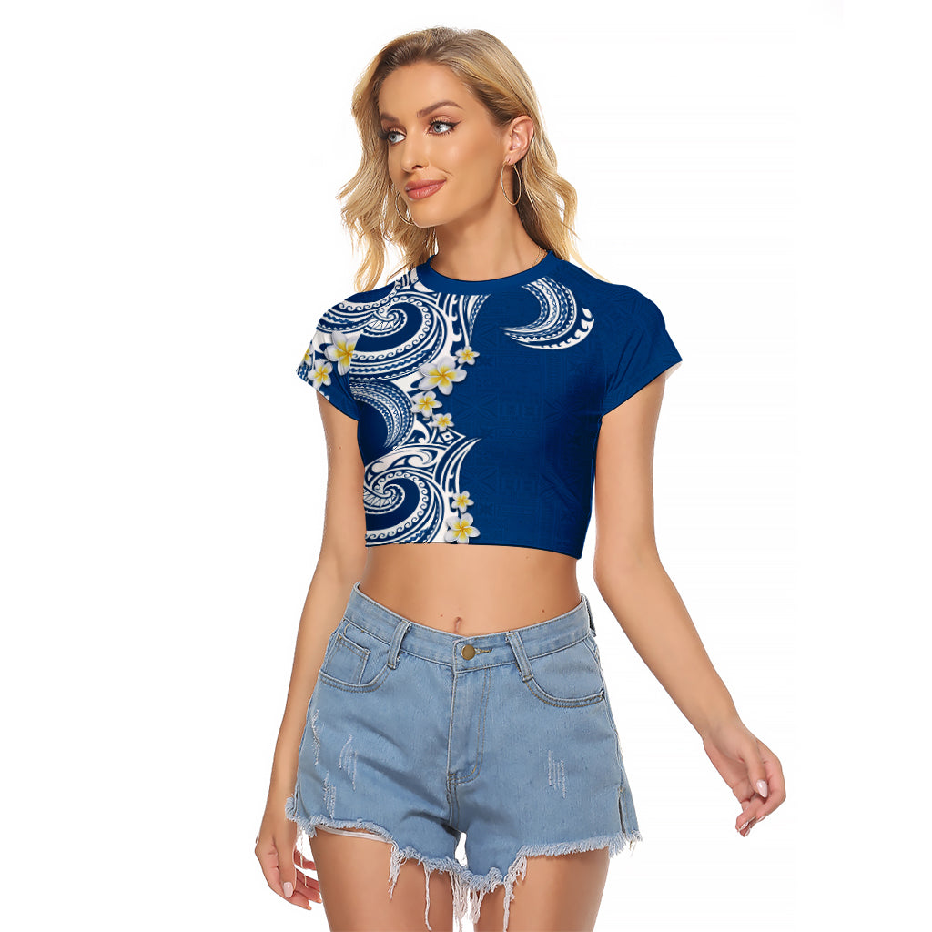 Aloha Polynesian Plumeria Flower Raglan Cropped T Shirt Blue Color