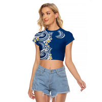 Aloha Polynesian Plumeria Flower Raglan Cropped T Shirt Blue Color