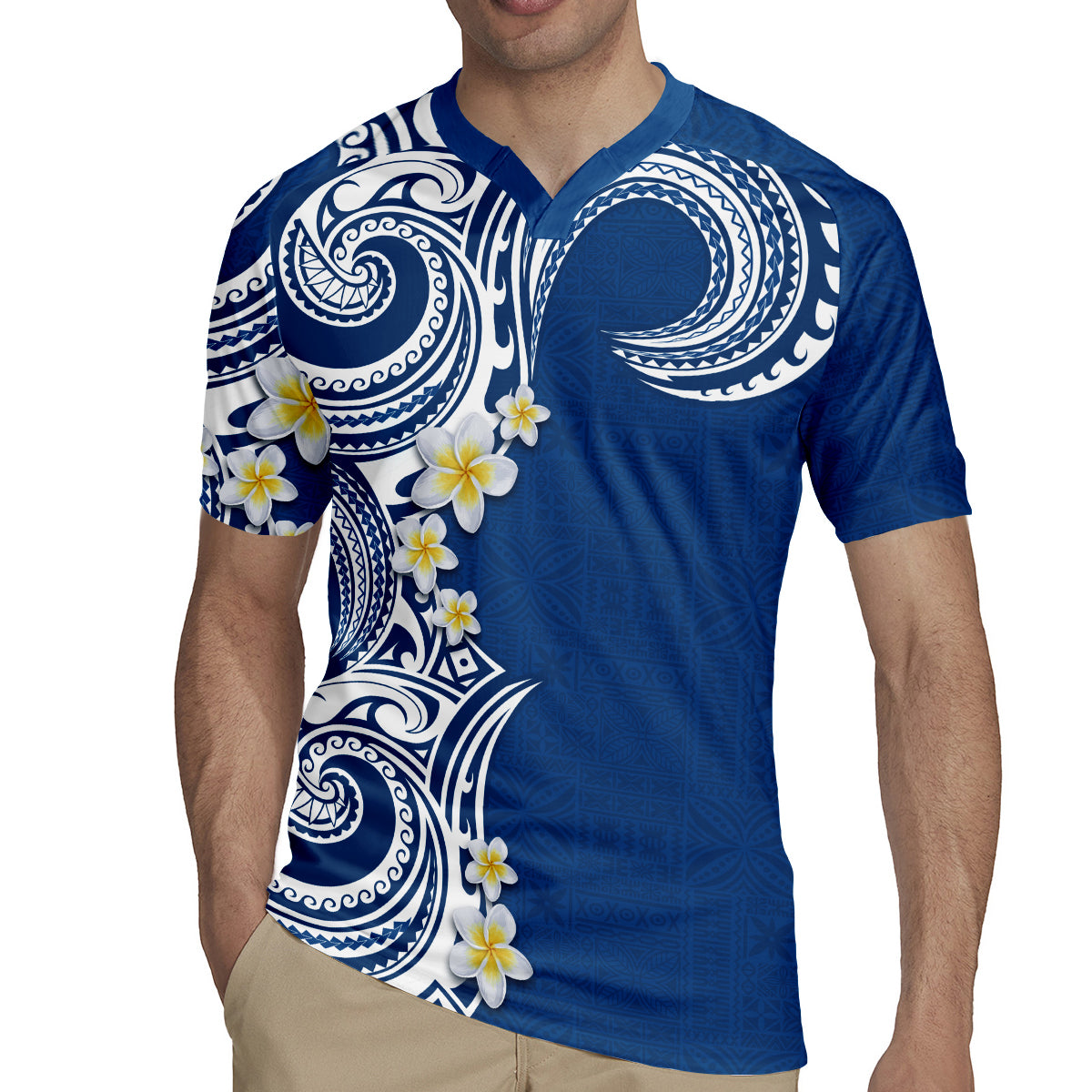 Aloha Polynesian Plumeria Flower Rugby Jersey Blue Color