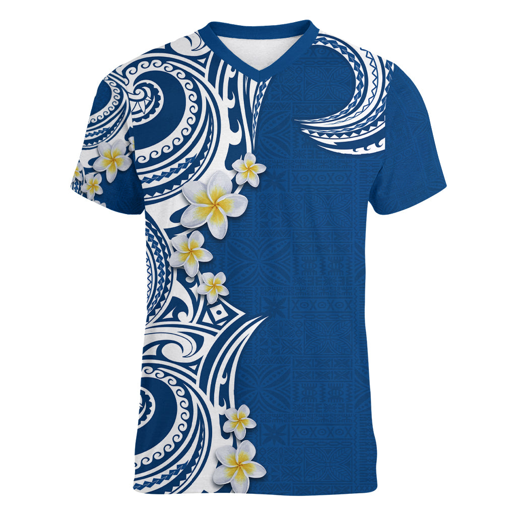 Aloha Polynesian Plumeria Flower Women V-Neck T-Shirt Blue Color