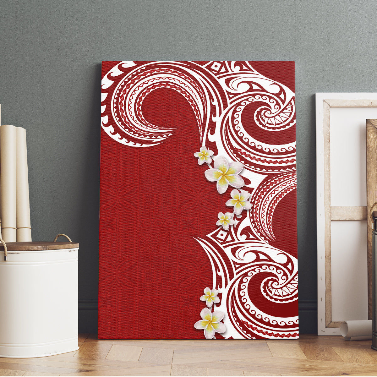 Aloha Polynesian Plumeria Flower Canvas Wall Art Red Color