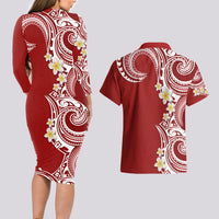 Aloha Polynesian Plumeria Flower Couples Matching Long Sleeve Bodycon Dress and Hawaiian Shirt Red Color LT03 - Polynesian Pride