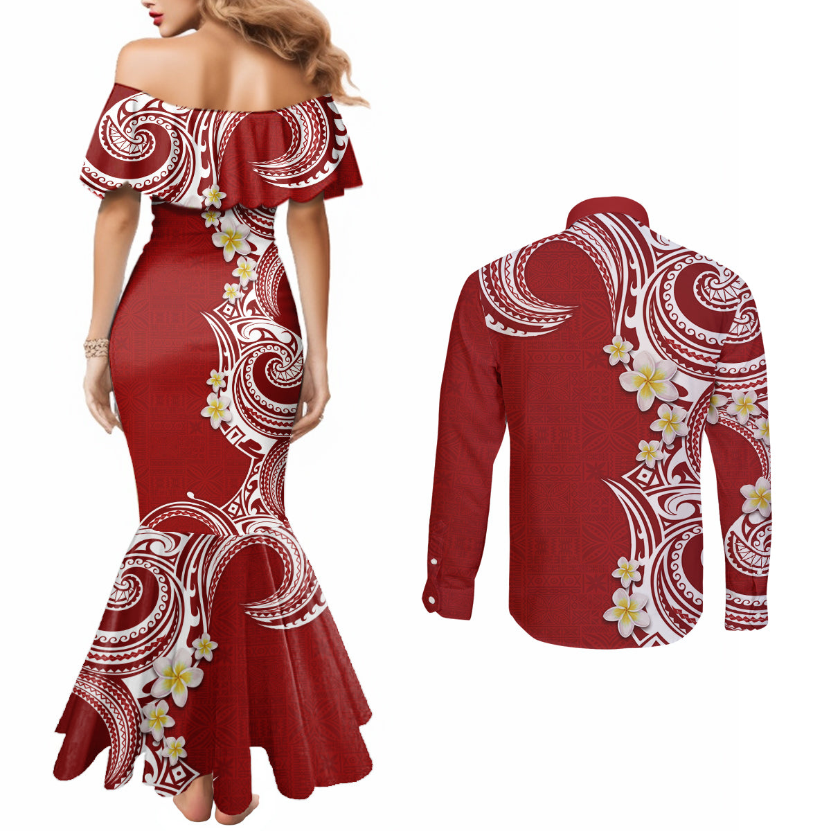 Aloha Polynesian Plumeria Flower Couples Matching Mermaid Dress and Long Sleeve Button Shirt Red Color