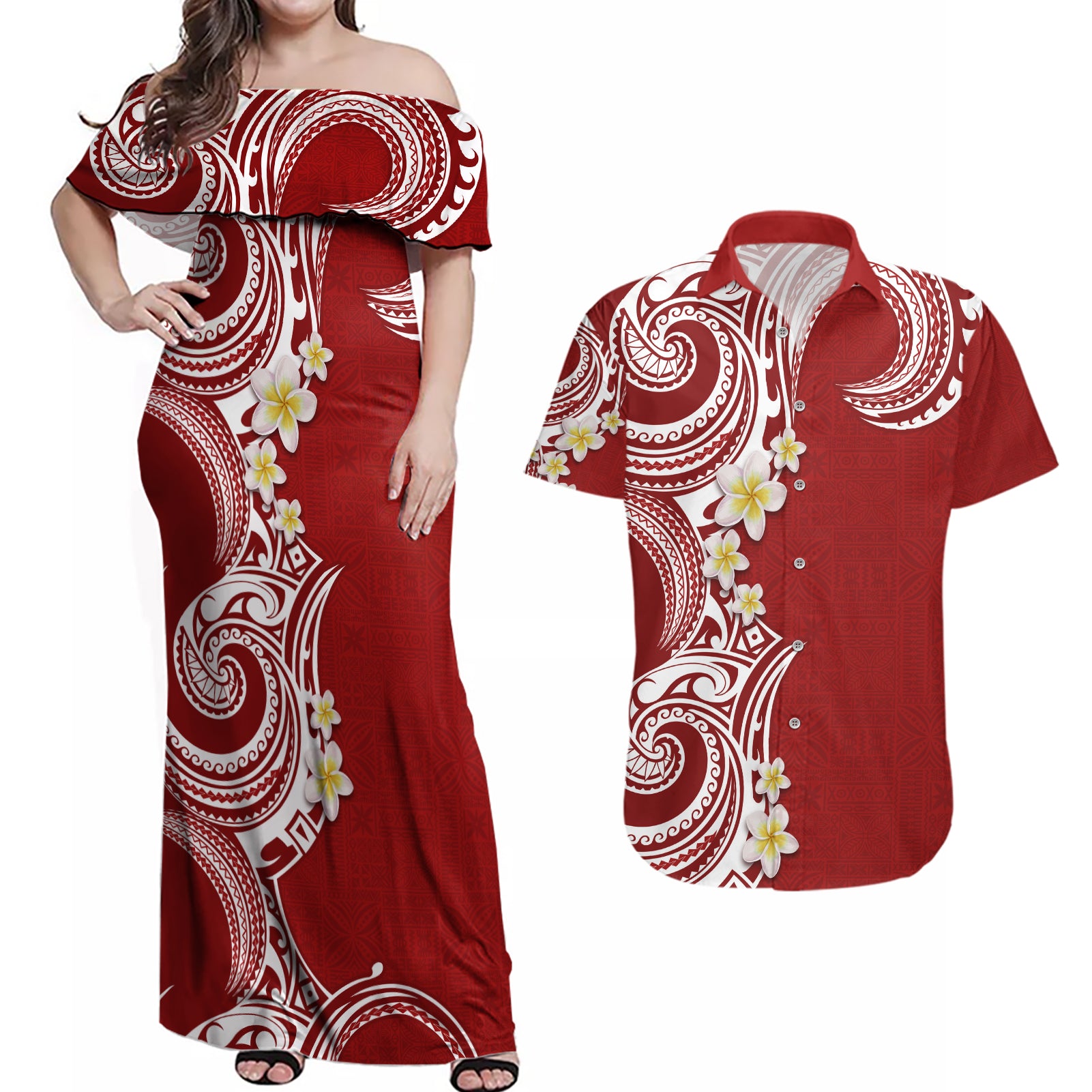 Aloha Polynesian Plumeria Flower Couples Matching Off Shoulder Maxi Dress and Hawaiian Shirt Red Color