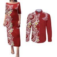 Aloha Polynesian Plumeria Flower Couples Matching Puletasi and Long Sleeve Button Shirt Red Color
