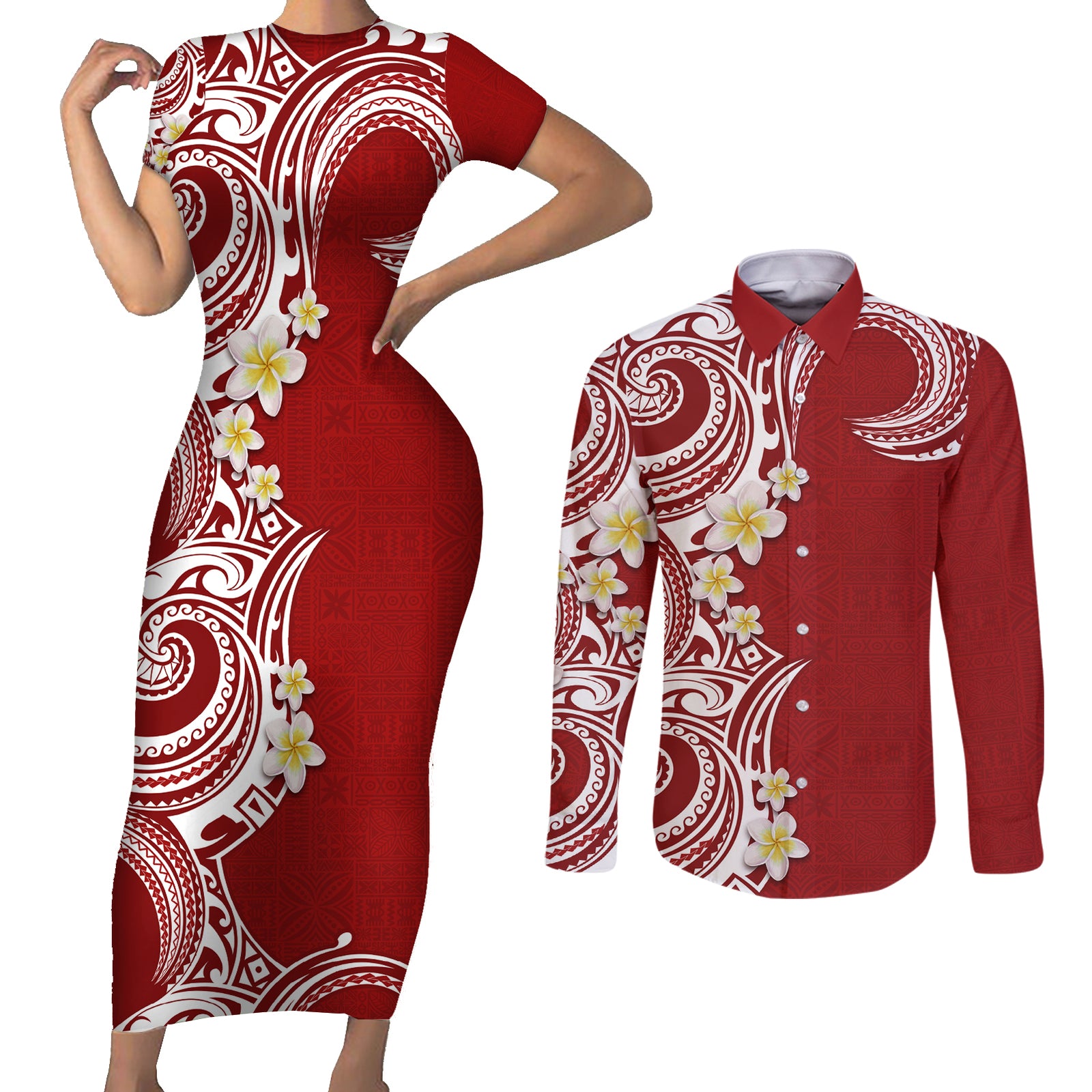 Aloha Polynesian Plumeria Flower Couples Matching Short Sleeve Bodycon Dress and Long Sleeve Button Shirt Red Color