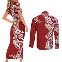 Aloha Polynesian Plumeria Flower Couples Matching Short Sleeve Bodycon Dress and Long Sleeve Button Shirt Red Color