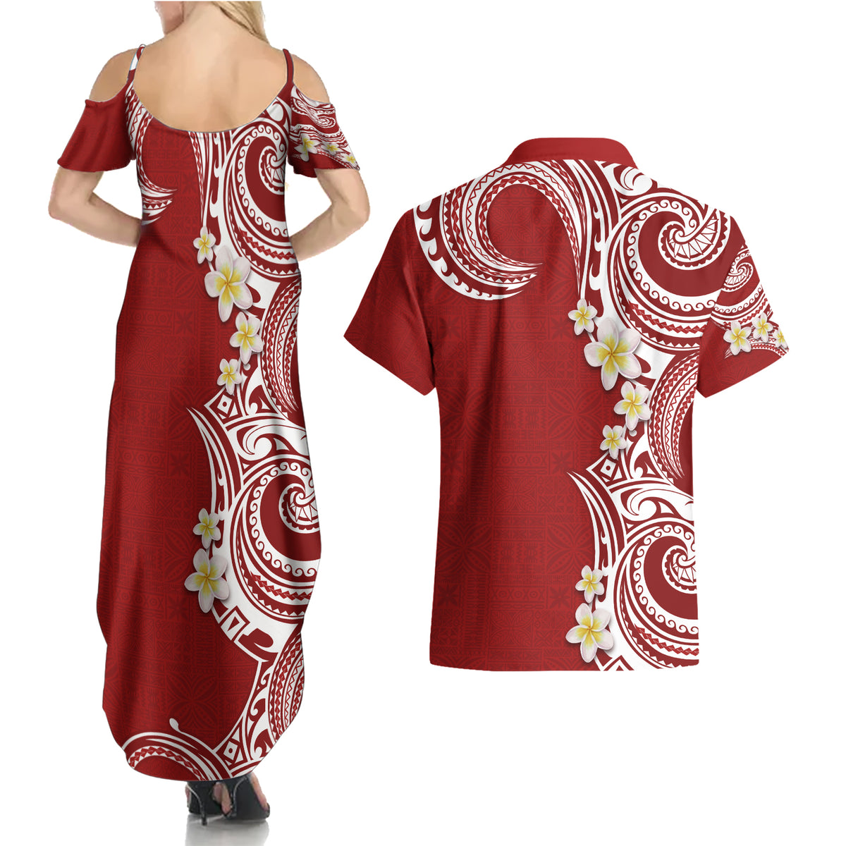 Aloha Polynesian Plumeria Flower Couples Matching Summer Maxi Dress and Hawaiian Shirt Red Color