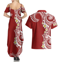 Aloha Polynesian Plumeria Flower Couples Matching Summer Maxi Dress and Hawaiian Shirt Red Color
