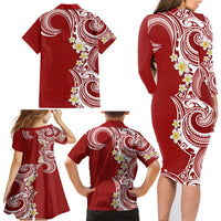 Aloha Polynesian Plumeria Flower Family Matching Long Sleeve Bodycon Dress and Hawaiian Shirt Red Color LT03 - Polynesian Pride