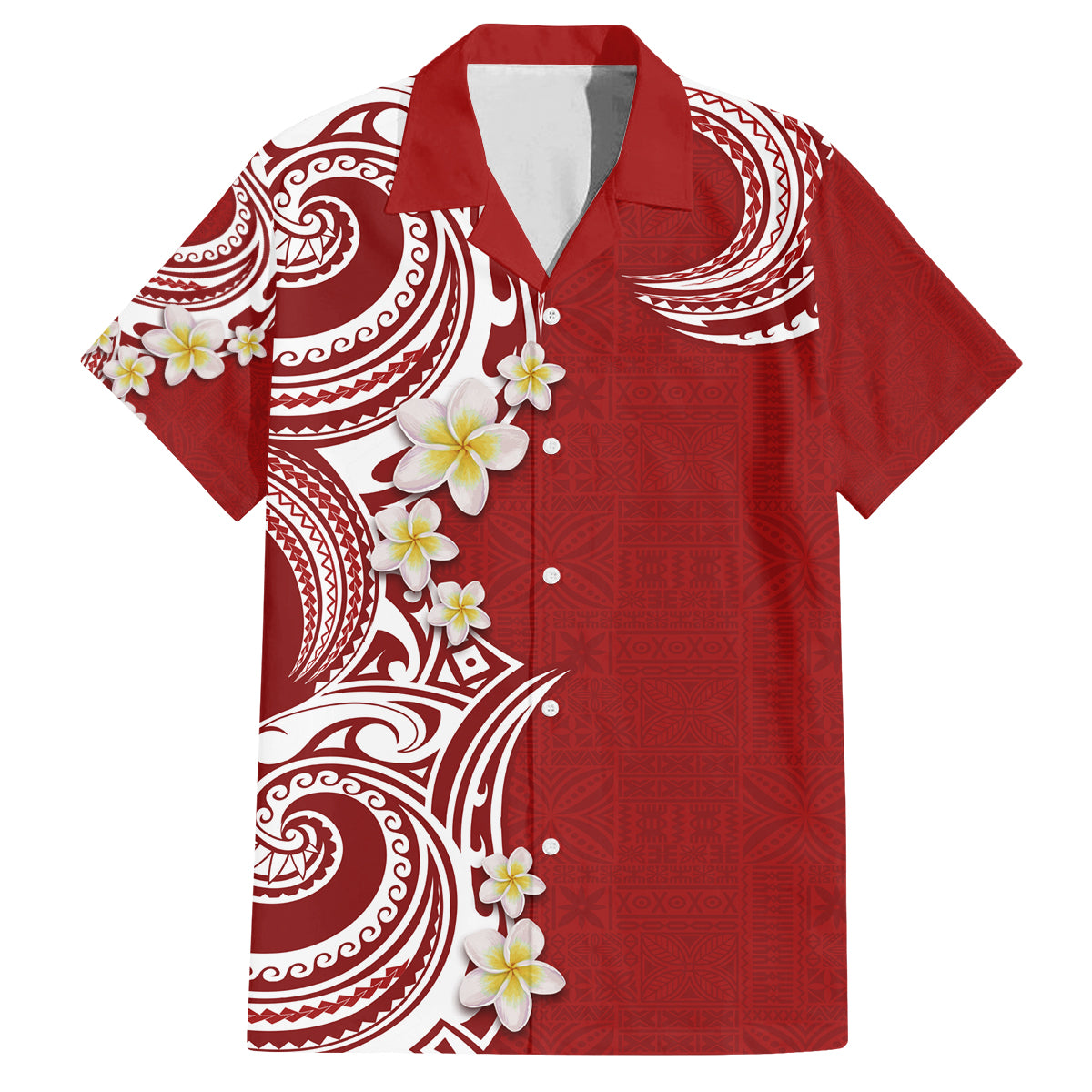 Aloha Polynesian Plumeria Flower Family Matching Long Sleeve Bodycon Dress and Hawaiian Shirt Red Color LT03 Dad's Shirt - Short Sleeve Red - Polynesian Pride