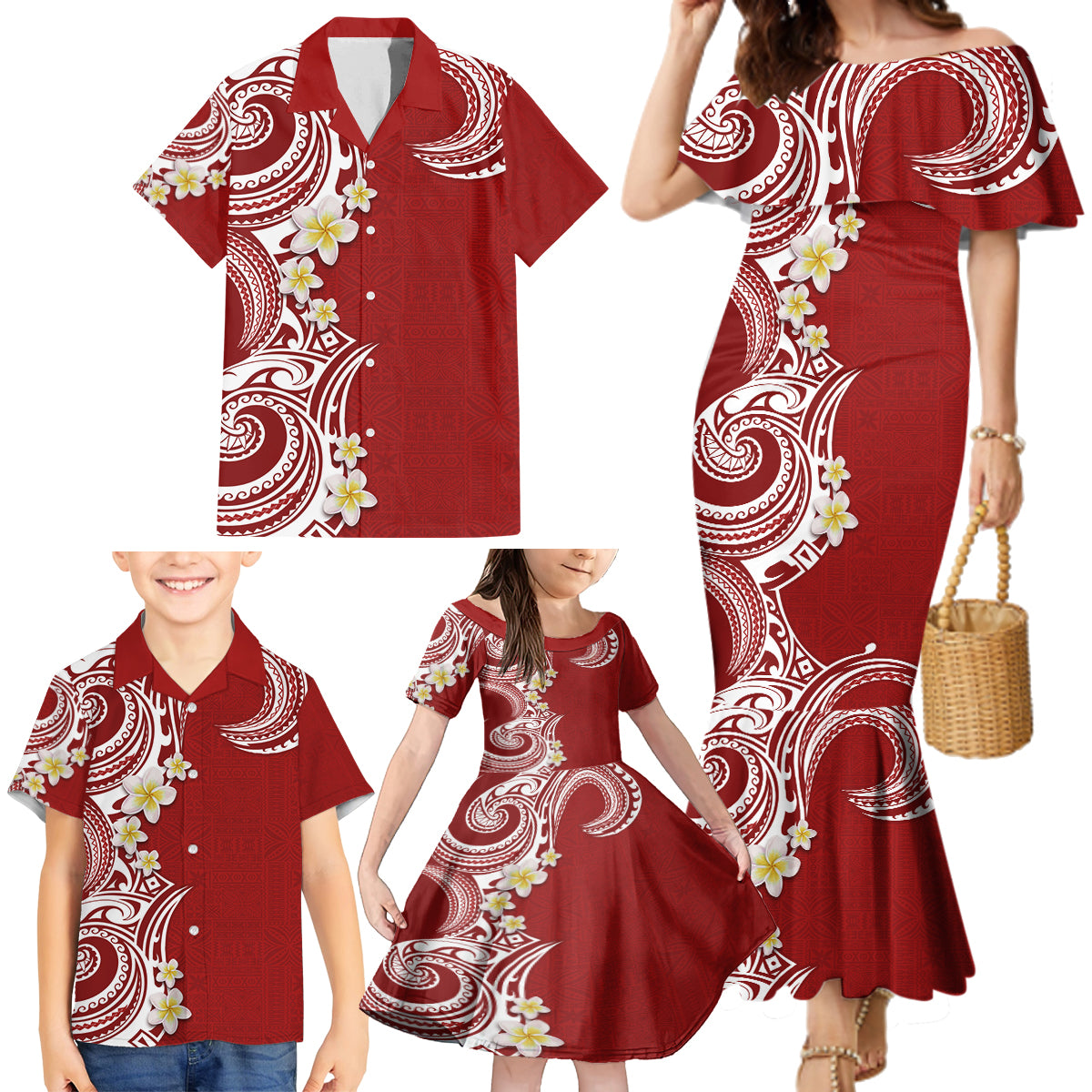 Aloha Polynesian Plumeria Flower Family Matching Mermaid Dress and Hawaiian Shirt Red Color LT03 - Polynesian Pride