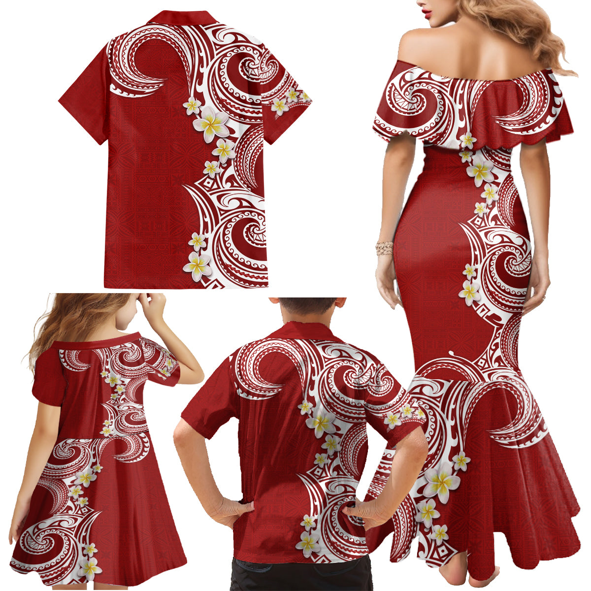Aloha Polynesian Plumeria Flower Family Matching Mermaid Dress and Hawaiian Shirt Red Color LT03 - Polynesian Pride