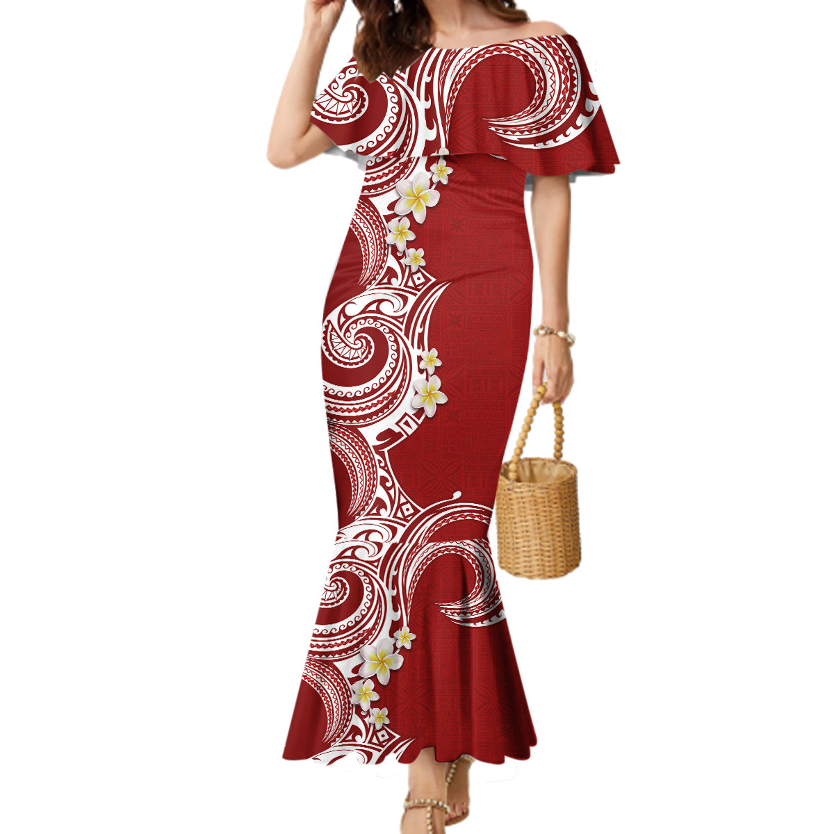 Aloha Polynesian Plumeria Flower Family Matching Mermaid Dress and Hawaiian Shirt Red Color LT03 Mom's Dress Red - Polynesian Pride
