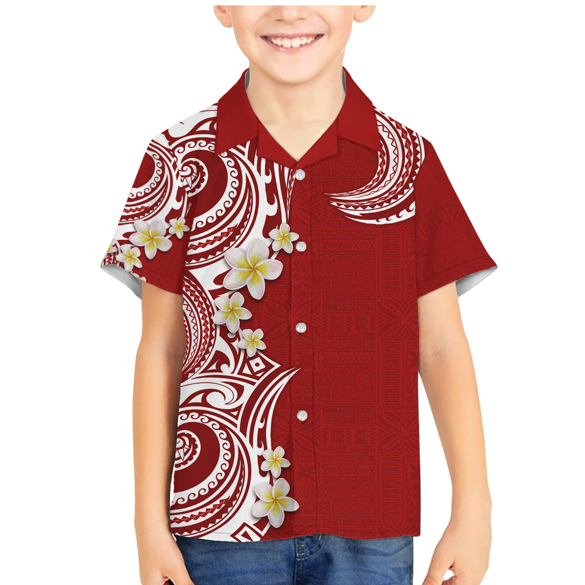 Aloha Polynesian Plumeria Flower Family Matching Mermaid Dress and Hawaiian Shirt Red Color LT03 Son's Shirt Red - Polynesian Pride