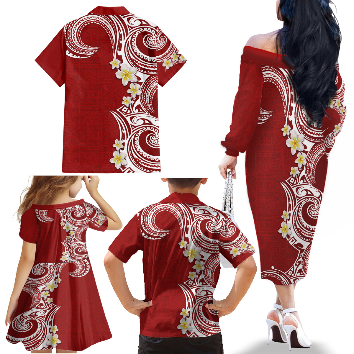 Aloha Polynesian Plumeria Flower Family Matching Off The Shoulder Long Sleeve Dress and Hawaiian Shirt Red Color