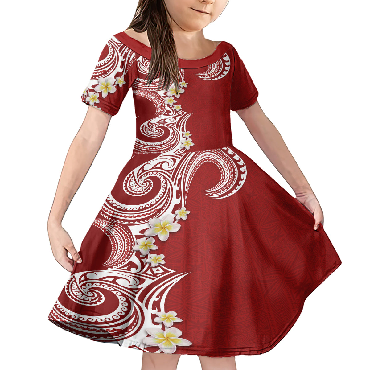Aloha Polynesian Plumeria Flower Family Matching Short Sleeve Bodycon Dress and Hawaiian Shirt Red Color LT03 Daughter's Dress Red - Polynesian Pride