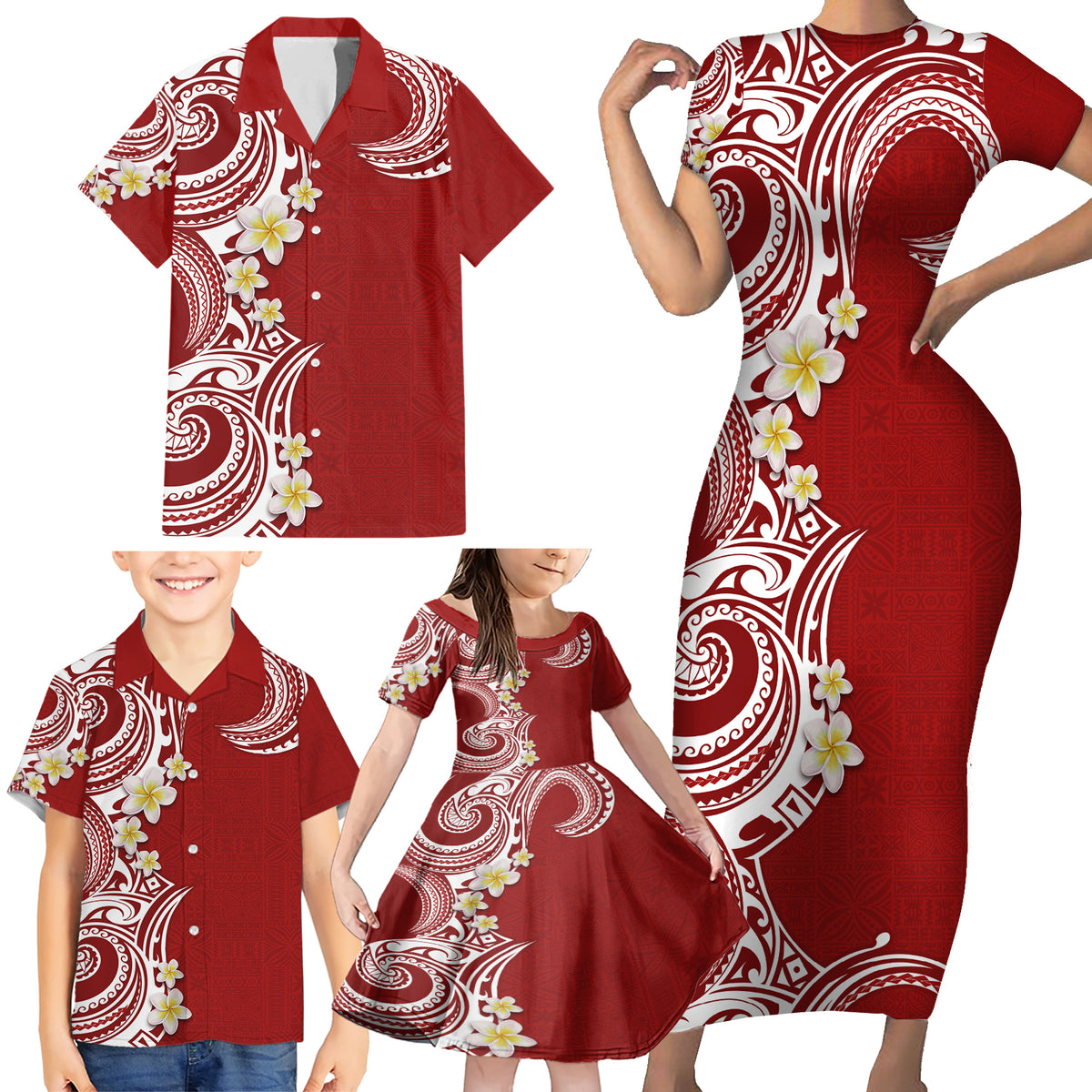 Aloha Polynesian Plumeria Flower Family Matching Short Sleeve Bodycon Dress and Hawaiian Shirt Red Color LT03 - Polynesian Pride