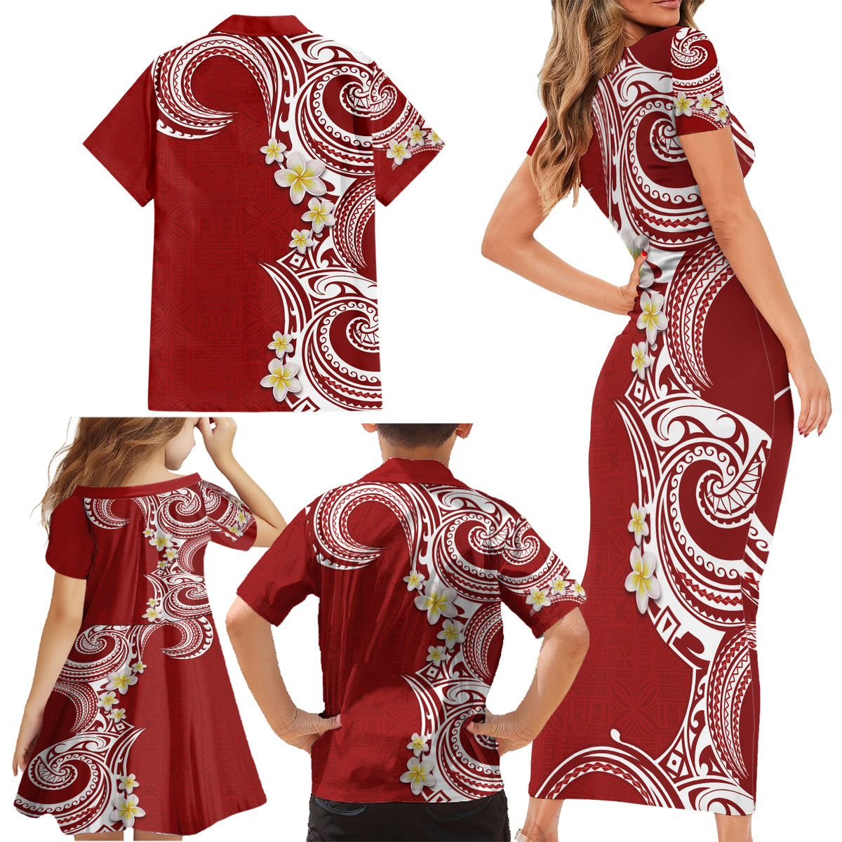 Aloha Polynesian Plumeria Flower Family Matching Short Sleeve Bodycon Dress and Hawaiian Shirt Red Color LT03 - Polynesian Pride