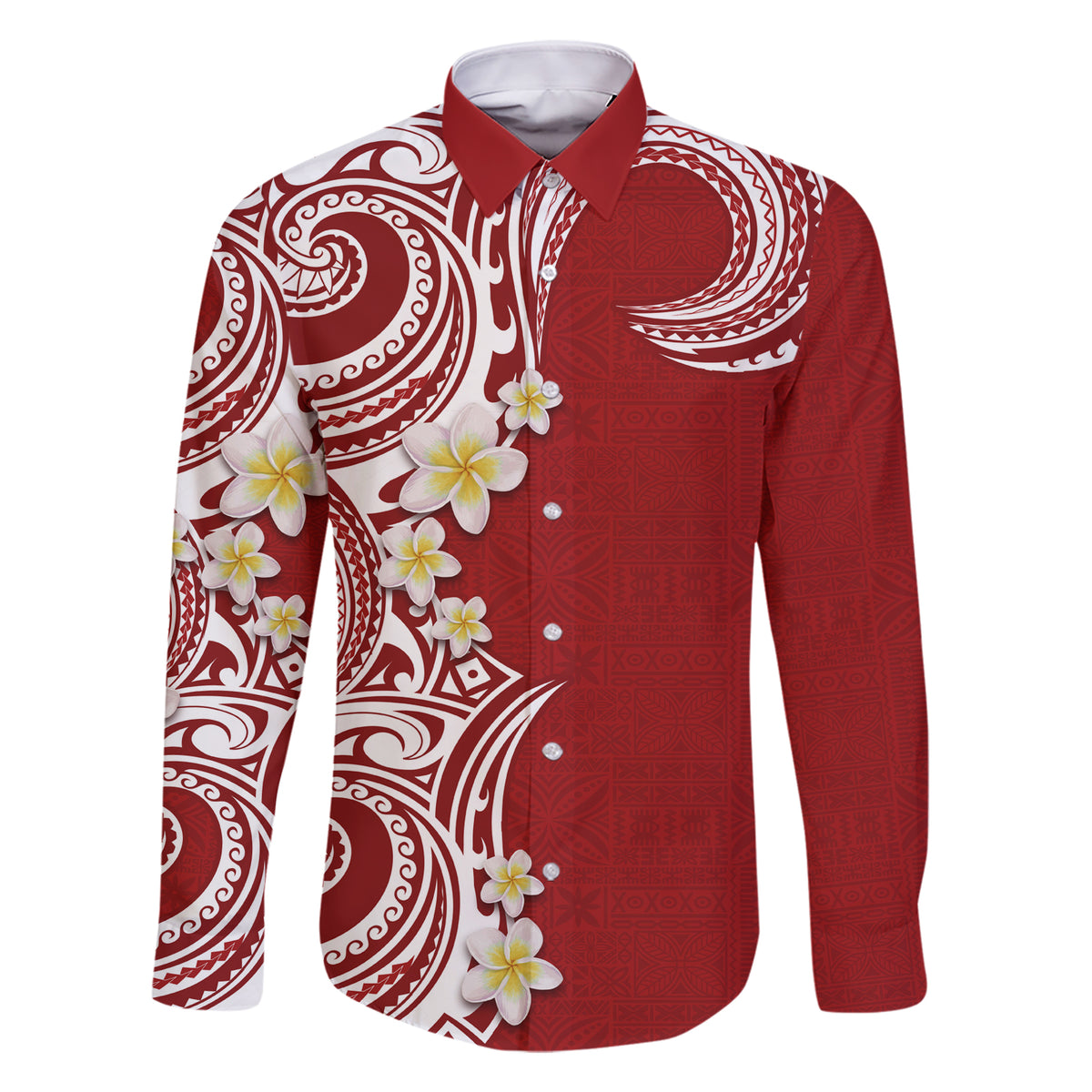 Aloha Polynesian Plumeria Flower Family Matching Short Sleeve Bodycon Dress and Hawaiian Shirt Red Color LT03 Dad's Shirt - Long Sleeve Red - Polynesian Pride