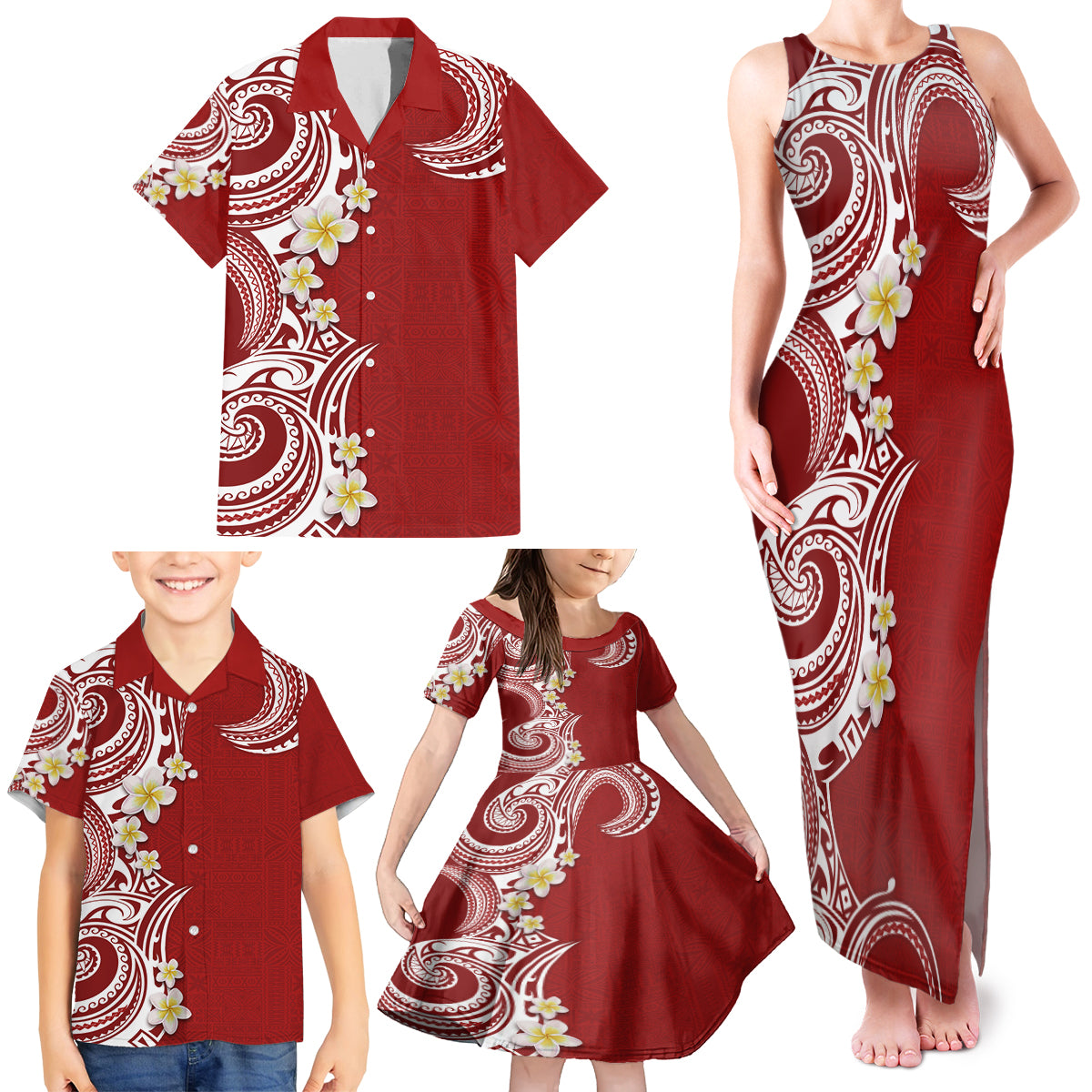 Aloha Polynesian Plumeria Flower Family Matching Tank Maxi Dress and Hawaiian Shirt Red Color