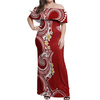 Aloha Polynesian Plumeria Flower Off Shoulder Maxi Dress Red Color