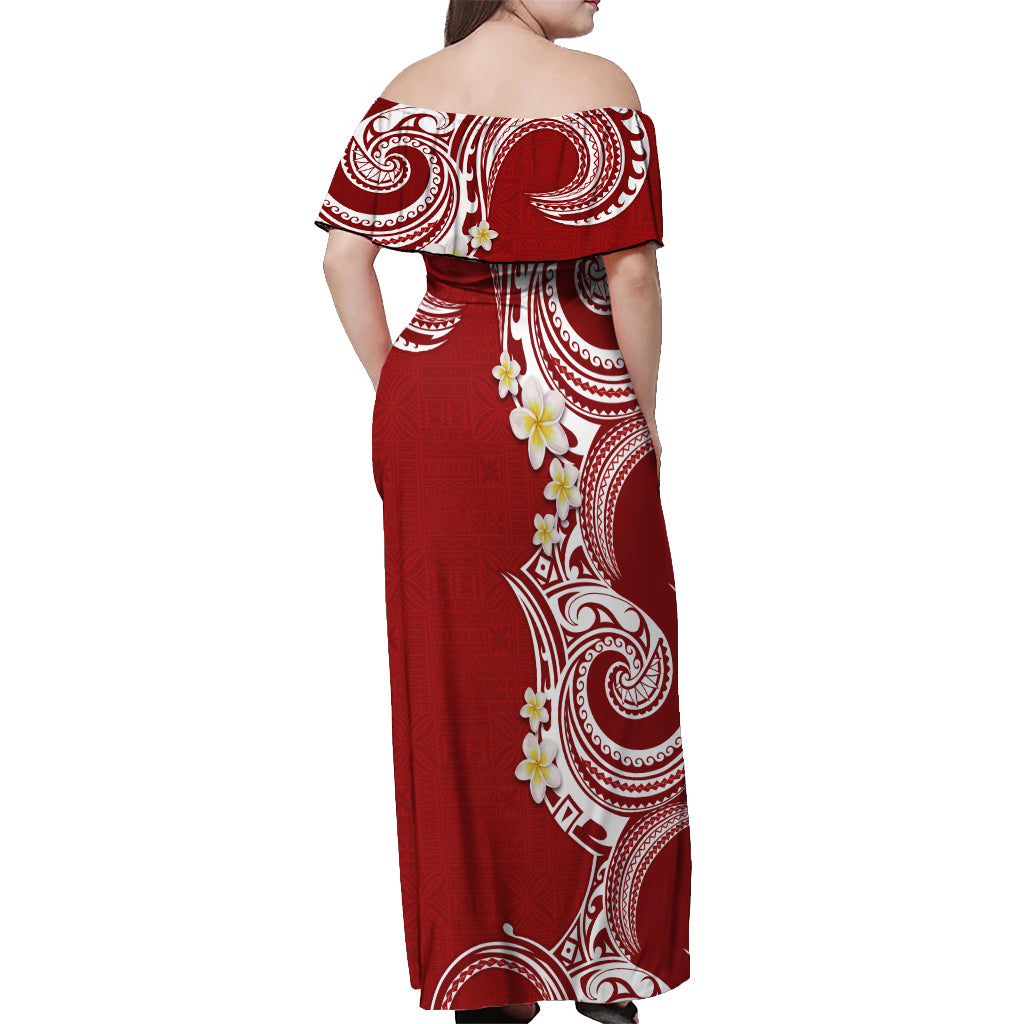 Aloha Polynesian Plumeria Flower Off Shoulder Maxi Dress Red Color