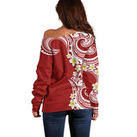Aloha Polynesian Plumeria Flower Off Shoulder Sweater Red Color