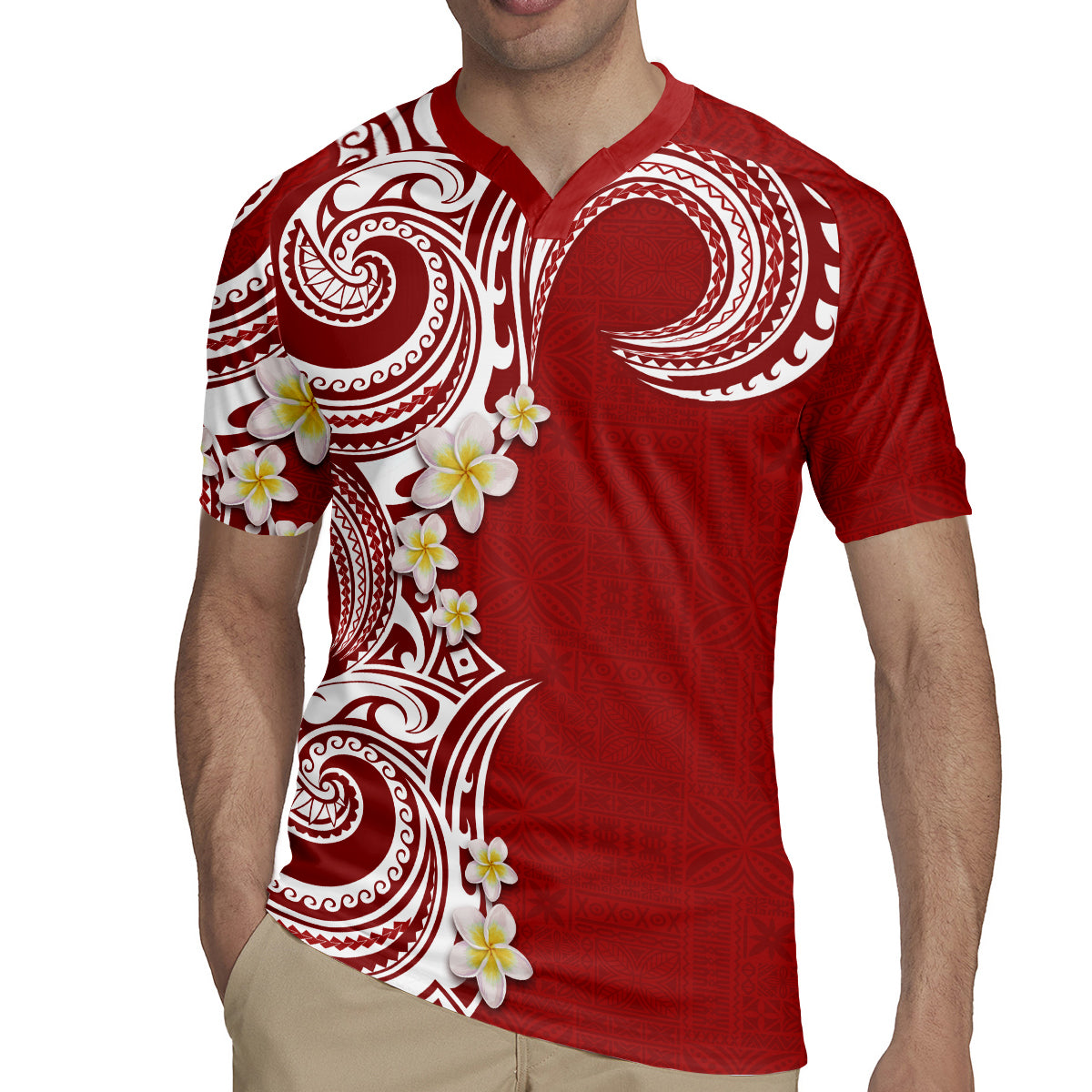 Aloha Polynesian Plumeria Flower Rugby Jersey Red Color