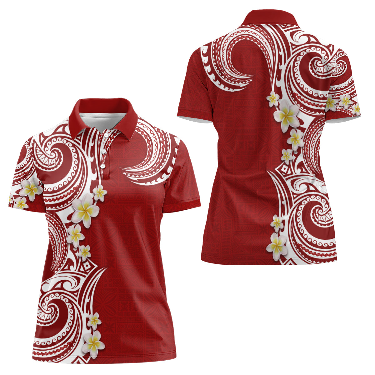 Aloha Polynesian Plumeria Flower Women Polo Shirt Red Color