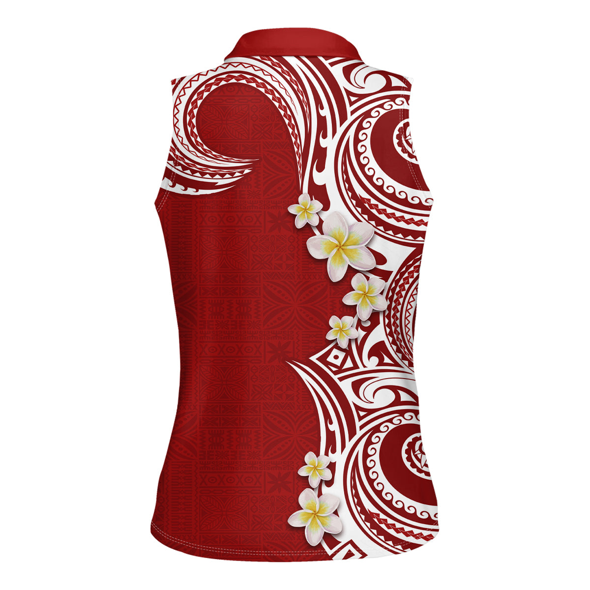 Aloha Polynesian Plumeria Flower Women Sleeveless Polo Shirt Red Color