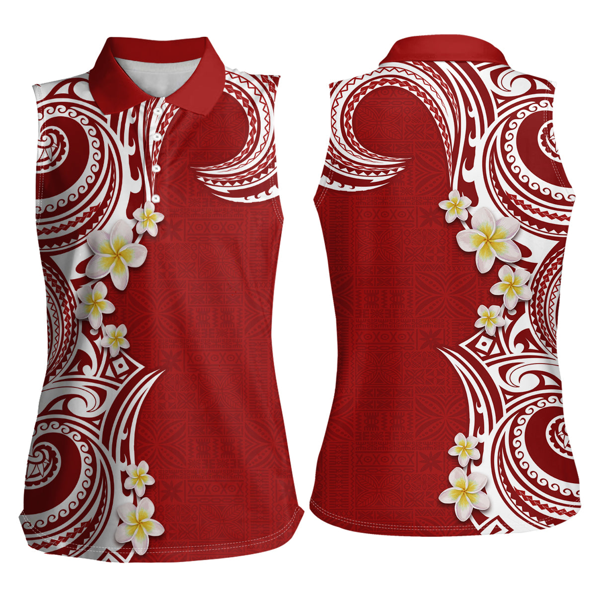 Aloha Polynesian Plumeria Flower Women Sleeveless Polo Shirt Red Color