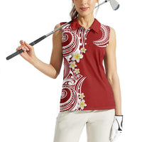 Aloha Polynesian Plumeria Flower Women Sleeveless Polo Shirt Red Color