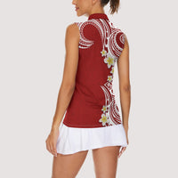 Aloha Polynesian Plumeria Flower Women Sleeveless Polo Shirt Red Color