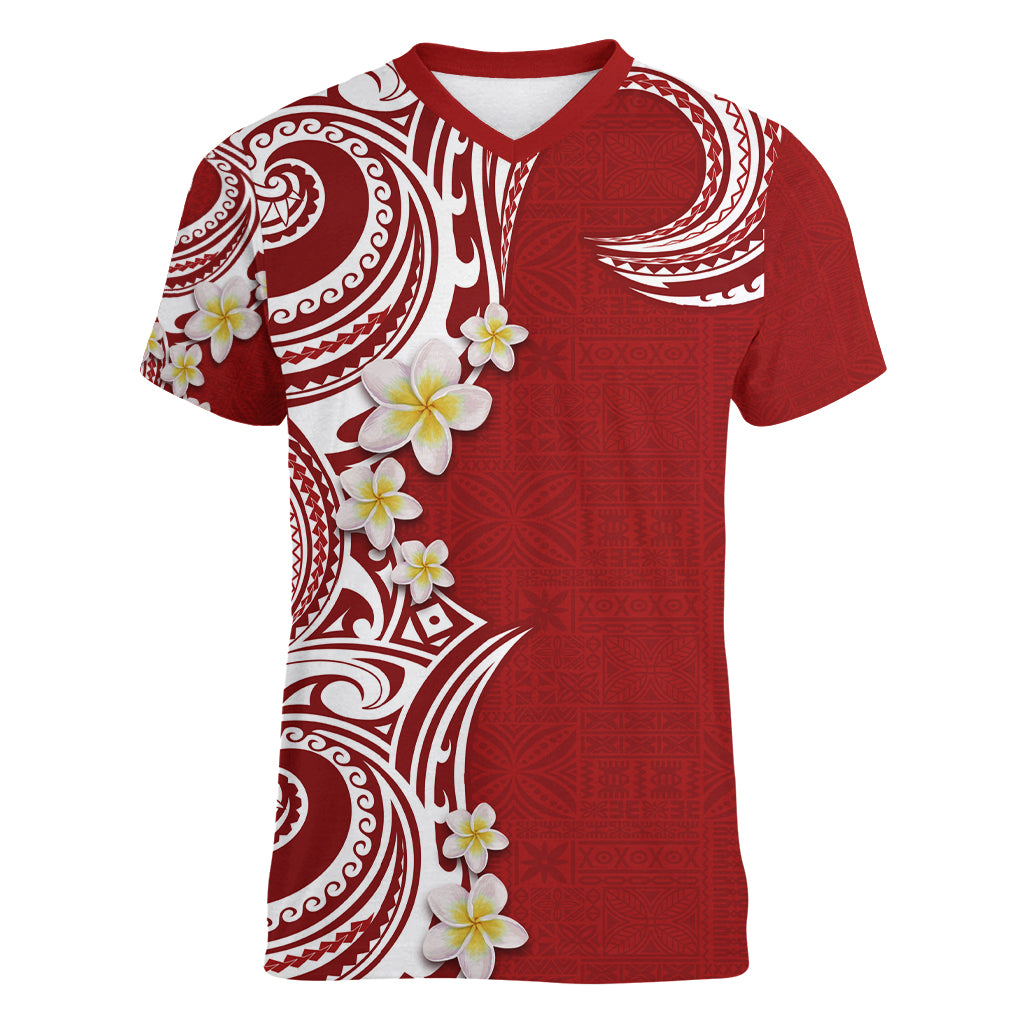 Aloha Polynesian Plumeria Flower Women V-Neck T-Shirt Red Color